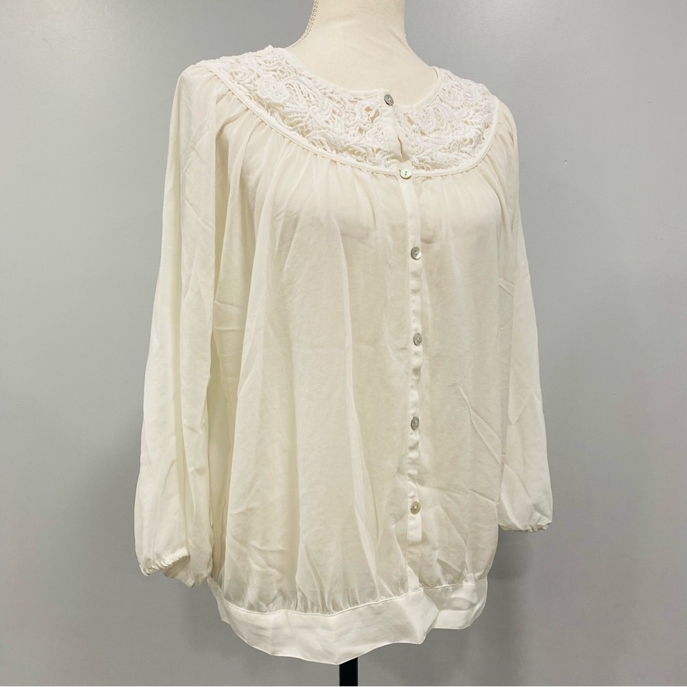 CHICO’S M Off White Cream Sheer Button Up Blouse Crochet Yoke Cottagecore Fairy
